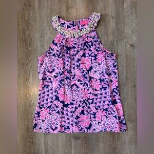 EUC Lilly Pulitzer Shawn Halter Top Navy Pink Love You Bunches Pearl Tank Top S